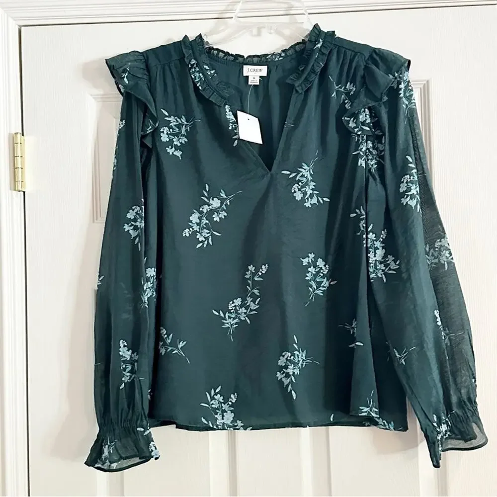 NWT J CREW Green Floral Ruffle Collar Long Sleeve Lined Top BK428 Shirt SMALL